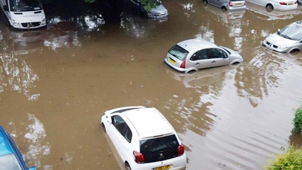 Flooded Linton Court road in Romford