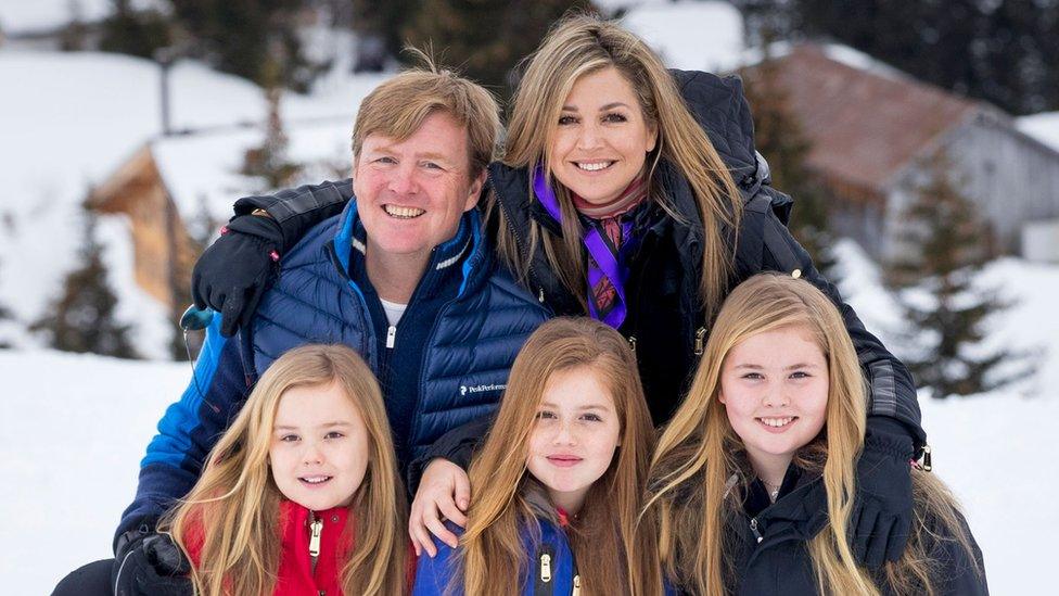 King Willem-Alexander, Queen Maxima, Princess Amalia, Princess Alexia and Princess Ariane of The Netherlands pose for the media during their annual wintersport holidays on February 27, 2017 in Lech