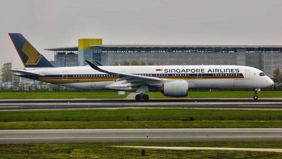 Singapore Airlines Airbus A350-941 airplane at Amsterdam Airport Schiphol in Amsterdam, Netherlands.