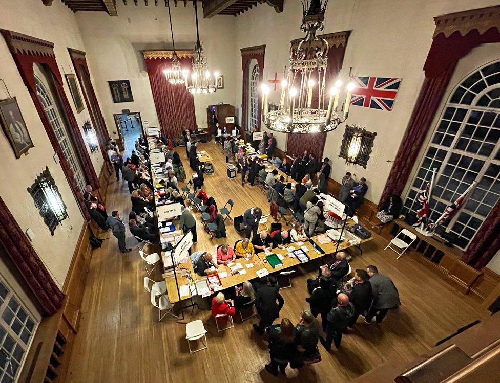 Overhead view of the election count underway in Peterborough in 2023