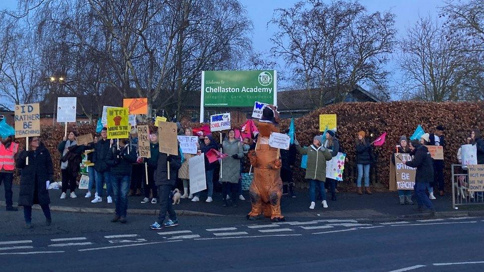 Teachers at Chellaston Academy in Derby on the picket line this morning