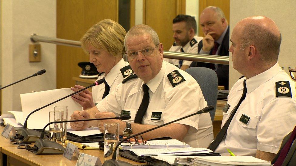 Chief Constable Simon Byrne and other senior officers appearing before the Policing Board