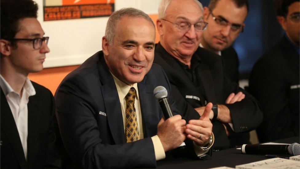 Grandmaster chess player Garry Kasparov of Croatia makes remarks during introductons at the Chess Club and Scholastic Center in St. Louis