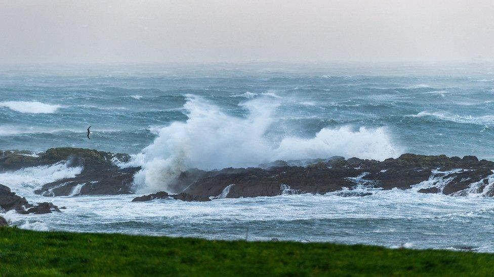 the weather whips up the sea off the coast of cork in the republic of ireland