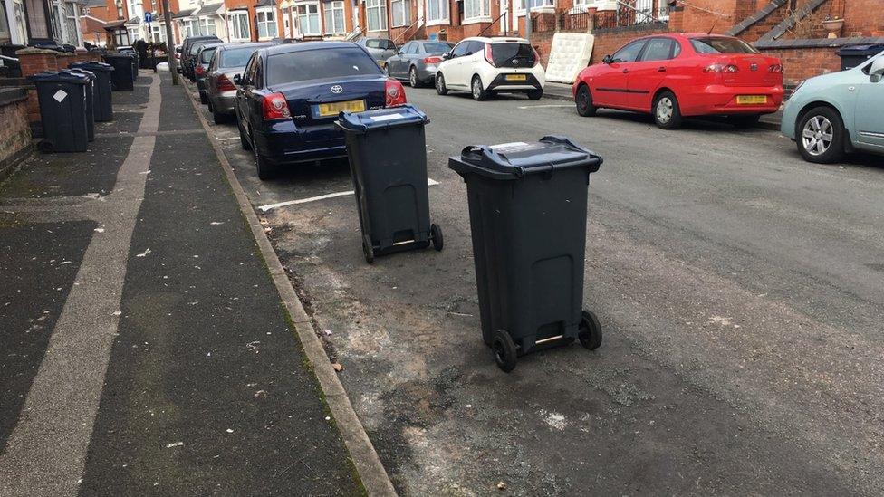 Two parking spaces each containing a wheelie bin