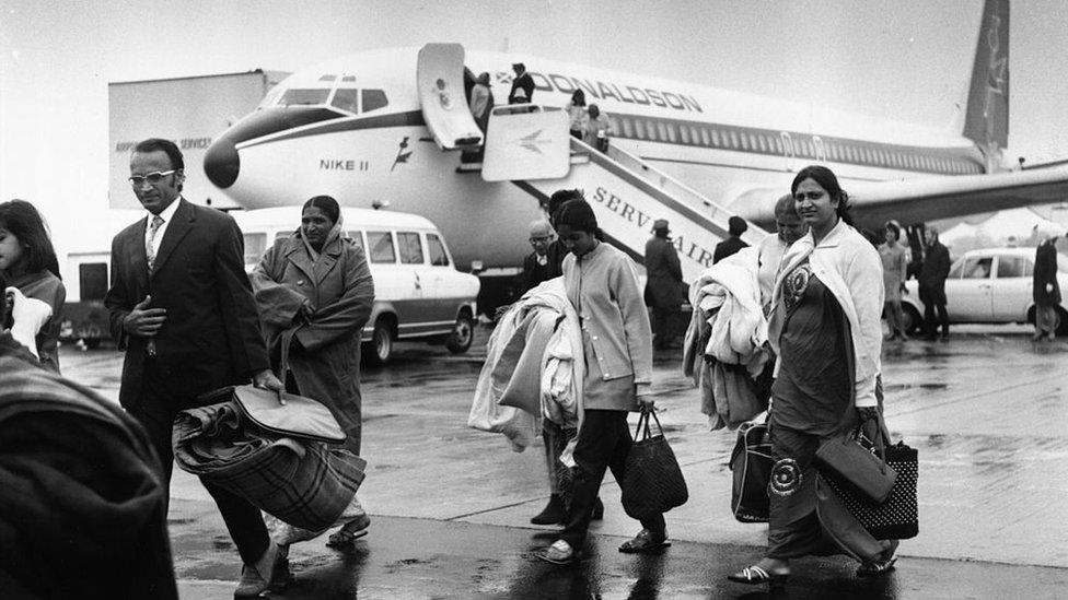 Ugandan Asians arrive at London Stansted Airport following their expulsion from Uganda