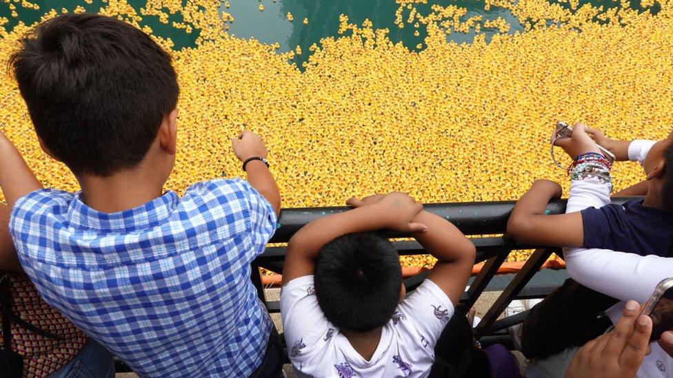 photograph shows a group of children looking down from the side of a bridge on thousands of yellow rubber ducks in the river below