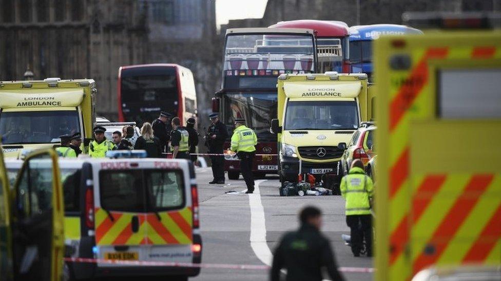 Emergency services vehicles on Westminster Bridge