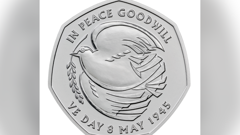 The new 50p VE Day coin. At the bottom of the coin in bold writing is 'VE Day 8 May 1945'.