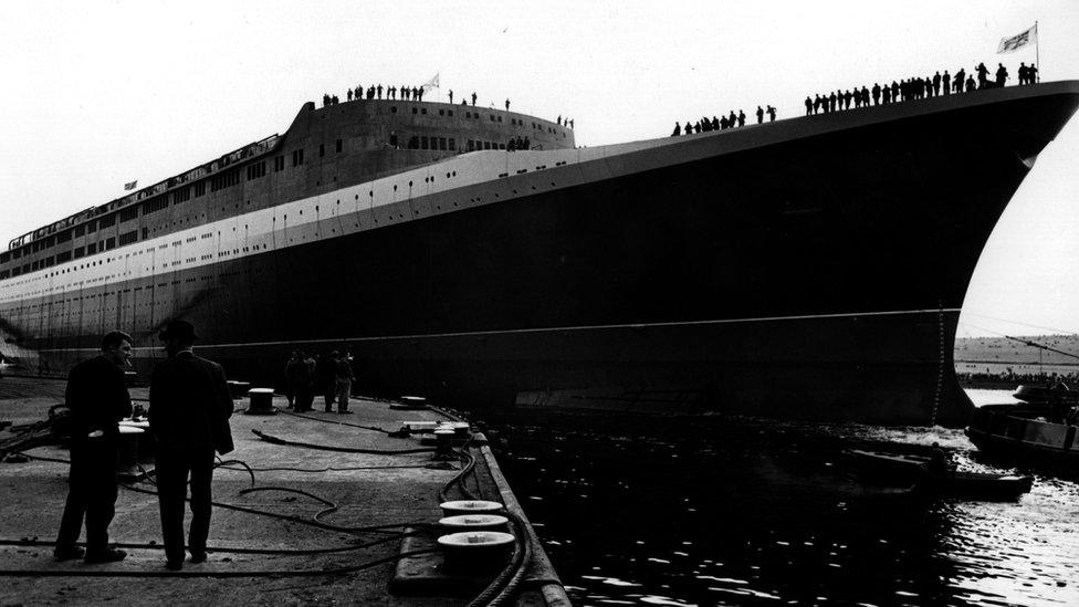 The QE2 afloat at Clydebank after being launched by Queen Elizabeth II