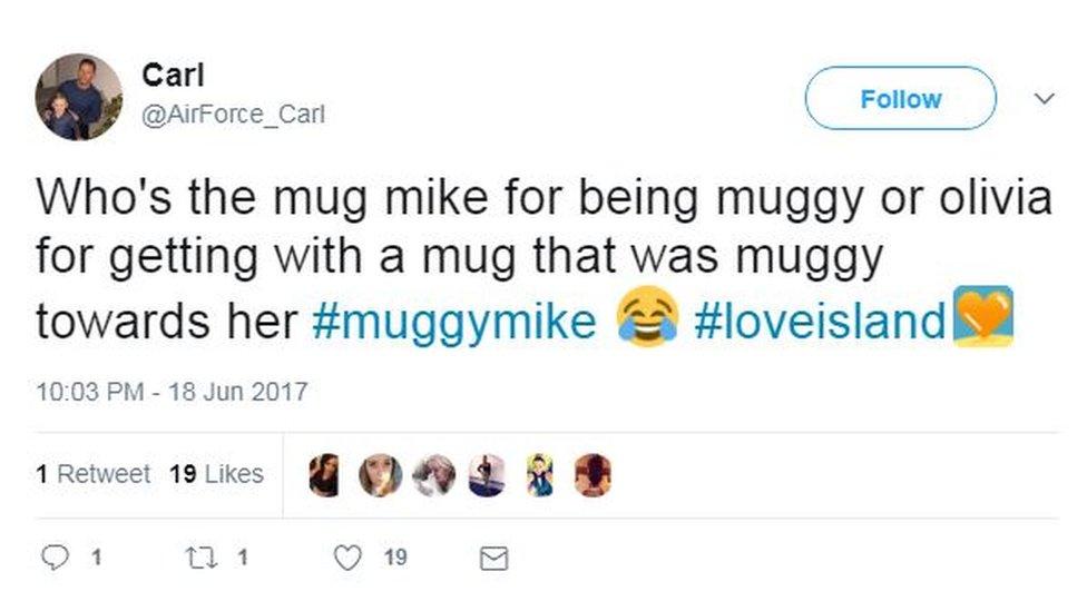 A tweet which reads: Who's the mug mike for being muggy or olivia for getting with a mug that was muggy towards her