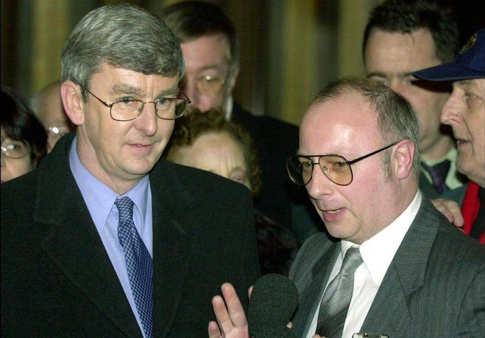 Don Hale and Stephen Downing outside the Royal Courts of Justice In London Tuesday Jan. 15, 2002 after conviction overturned