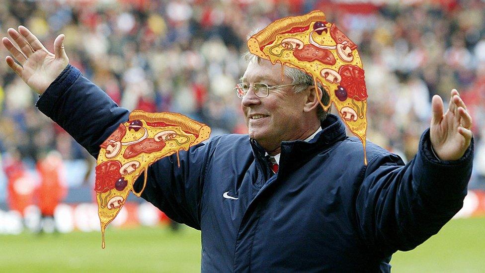 Manchester United's manager Sir Alex Ferguson celebrates his team's win over Arsenal after their FA Cup semi-final clash at Villa park in Birmingham, 03 April 2004. Newsround has added some cartoon pizzas.