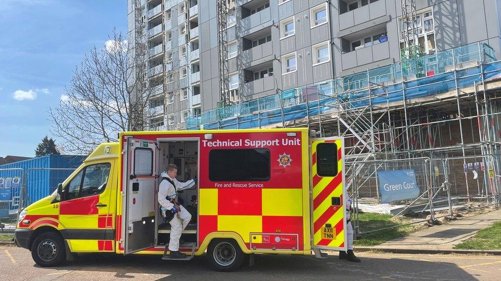 Fire service vehicle at scene of flats fire in Luton