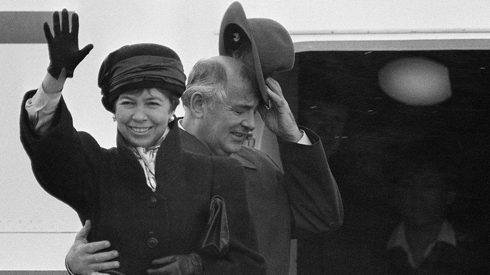 Mikhail Gorbachev with his his wife Raisa after a summit in Iceland, 1986