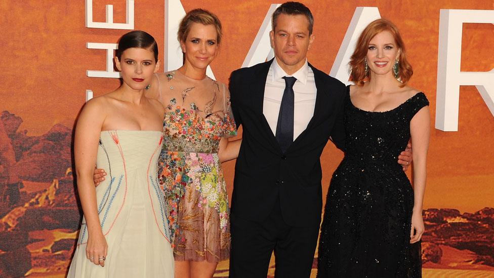 Kate Mara, Kristen Wiig, Matt Damon and Jessica Chastain at The Martian's European premiere