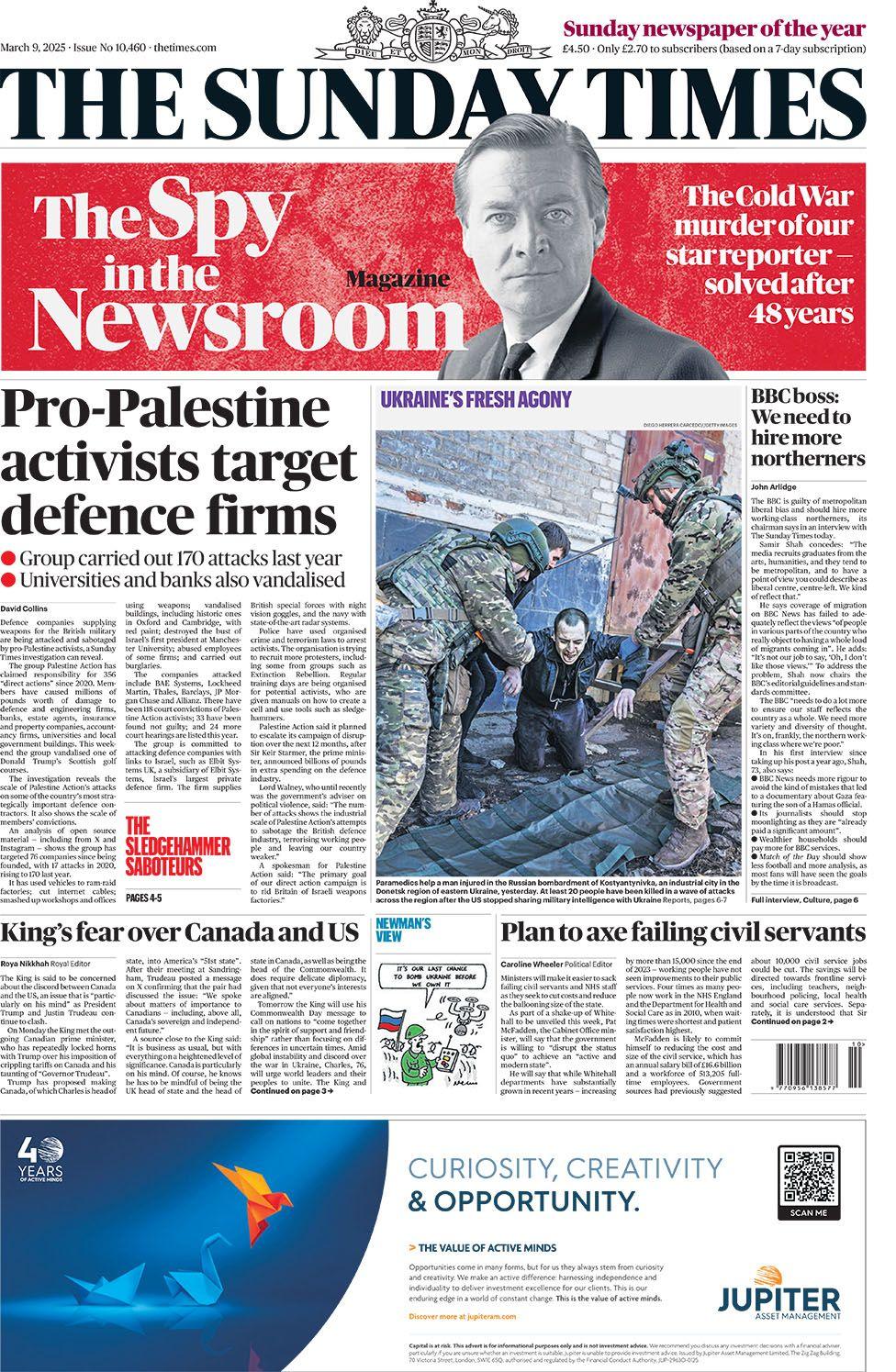 Sunday Times headline reads: Pro-Palestinian activists target defence firms