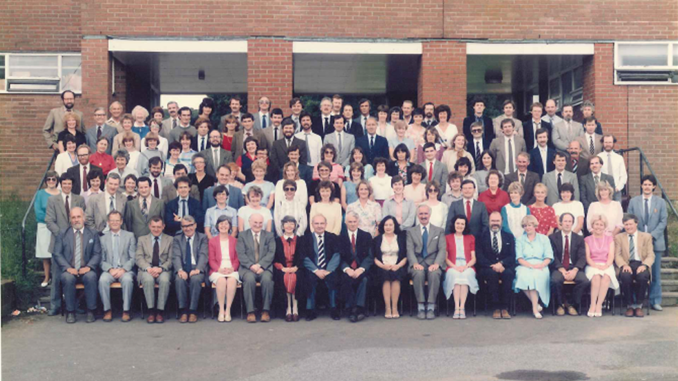 Olchfa Comprehensive School staff portrait 1985, including in the front row: Peggy George (seventh from left), Iris Williams (eighth from right) and Dai Jenkins (fifth from right)