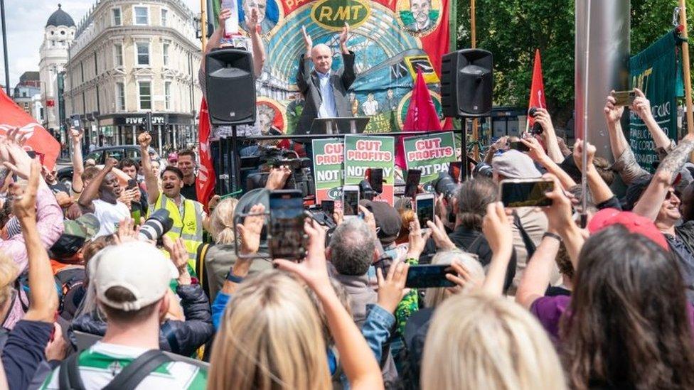 RMT general secretary, Mick Lynch speaks at a rally outside Kings Cross station, London