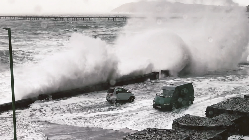 Queen's Promenade in Ramsey flooded by waves