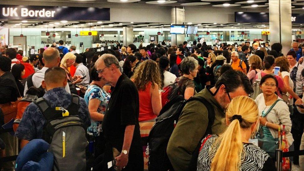 Confused passengers at Heathrow Airport on Sunday, 28 May