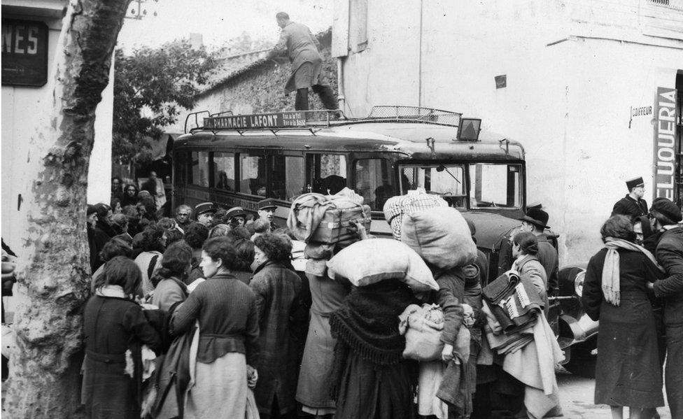 French refugees, fleeing from the invading Nazis, near the border with Spain (file pic)