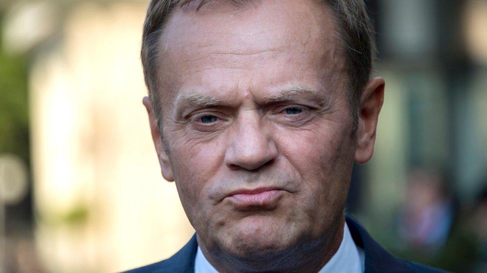 European Council President Donald Tusk speaks to journalists as he arrives for the European Union summit, September 15, 2016