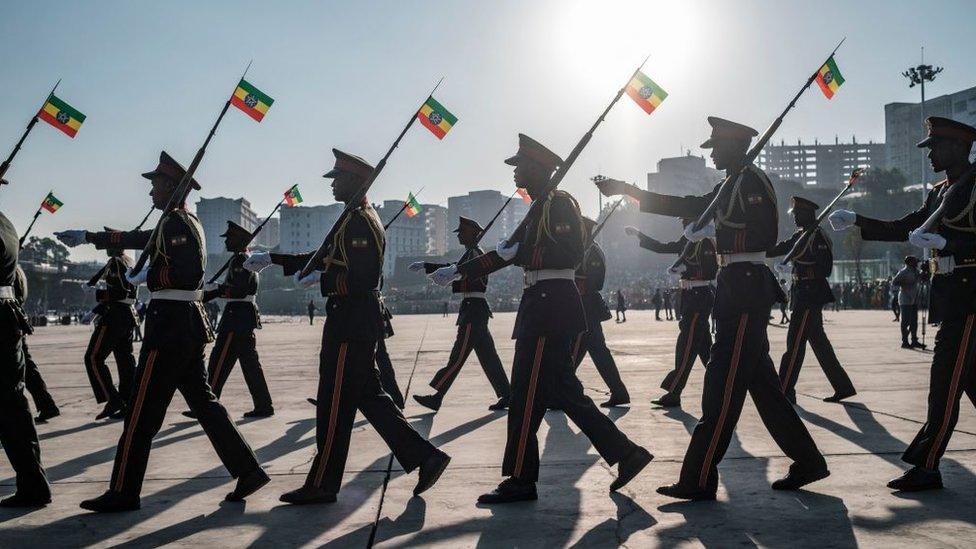 Ethiopian soldiers marching in formation