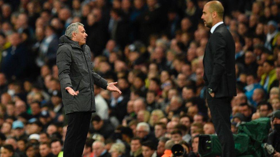 Jose Mourinho and Pep Guardiola on the sidelines during Man Utd v Man City.