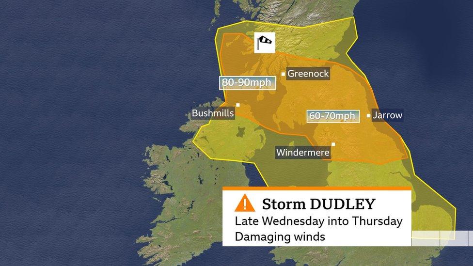 UK map showing warning areas and predicted wind gusts for Storm Dudley