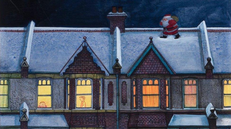 Illustration of Father Christmas walking along a snow covered rooftop above partying people