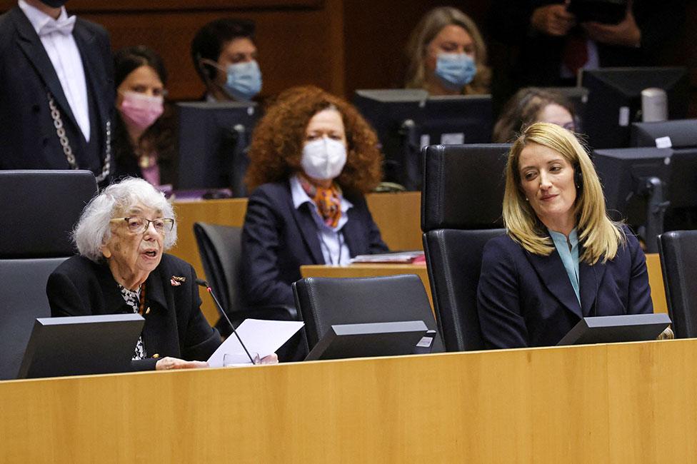 Holocaust survivor Margot Friedlander addresses the European Parliament whilst sat next to President of the European Parliament Roberta Metsola during a special plenary session to mark Holocaust Memorial Day, in Brussels, Belgium, on 27 January 2022