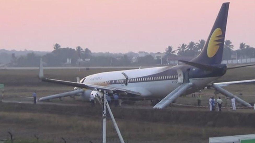 The Jet Airways plane which skidded off the runway at Goa International Airport (27 December 2016)