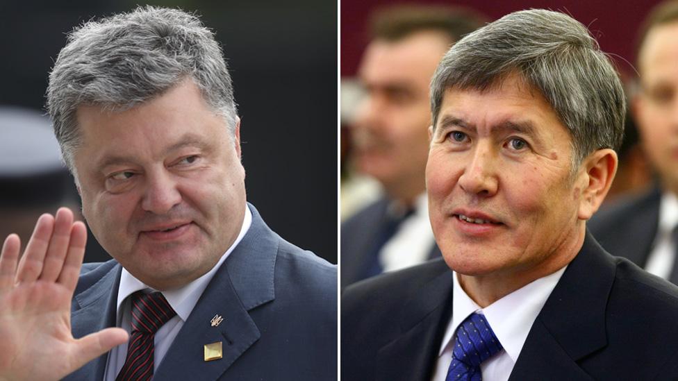 A composite image shows Petro Poroshenko and Almazbek Atambayev.