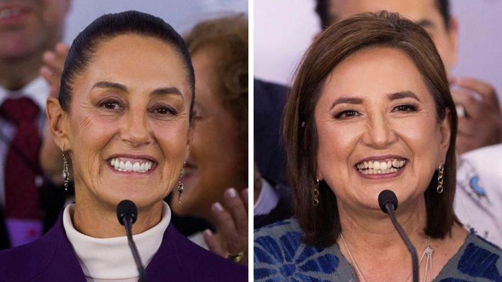 Combination picture of file photos shows presidential candidate of the ruling MORENA party Claudia Sheinbaum (L) and Xochitl Galvez, the presidential candidate of the 'Fuerza y Corazon por Mexico', an alliance of opposition parties, at the last presidential debate at Tlatelolco University Cultural Center in Mexico City, Mexico, May 19, 2024.