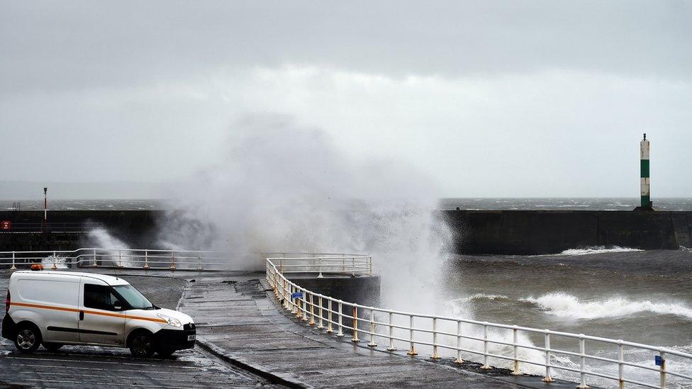 Spray coming over the sea wall in Aberystwyth