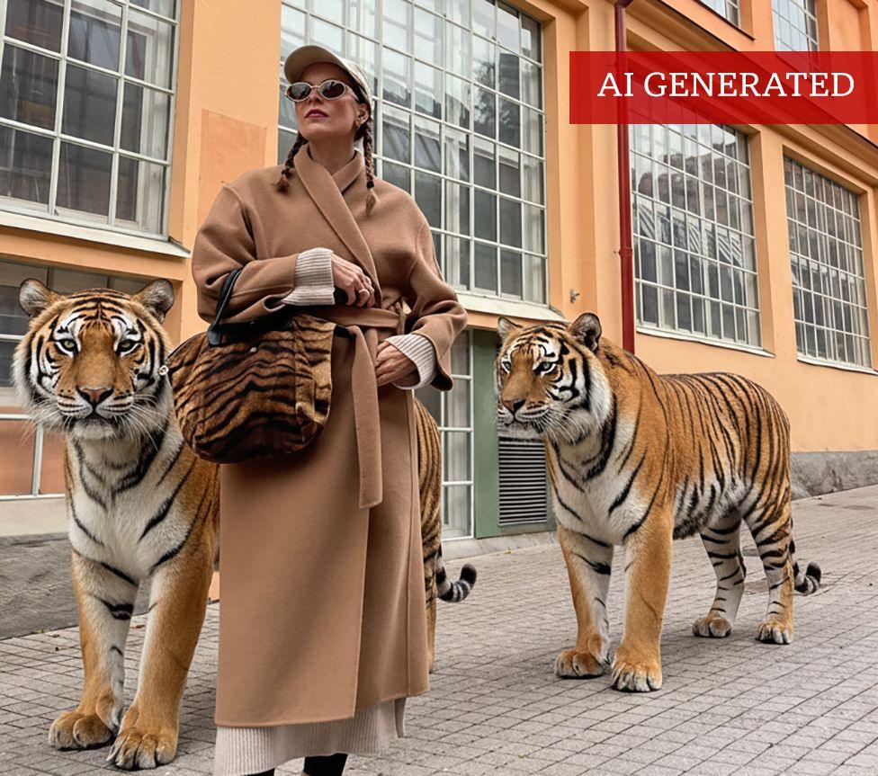 A woman wearing a pair of sunglasses and a camel coat poses outside an industrial looking building with two tigers. The tigers are AI generated.