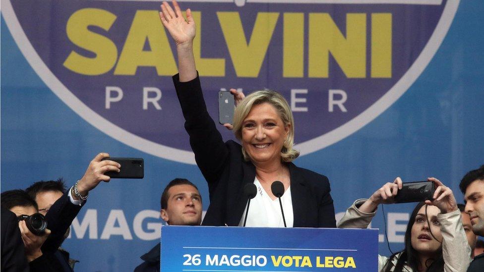 Marine Le Pen, president of the Rassemblement National (RN) far-right party attends a rally with leaders of other European nationalist parties