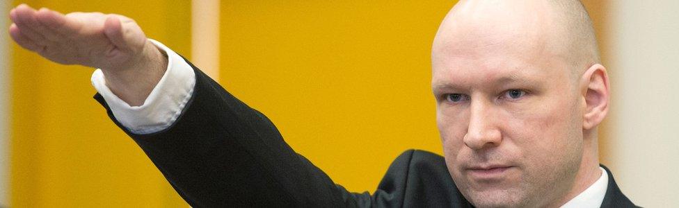 Anders Behring Breivik in court in Skien, Norway, 15 March 2016