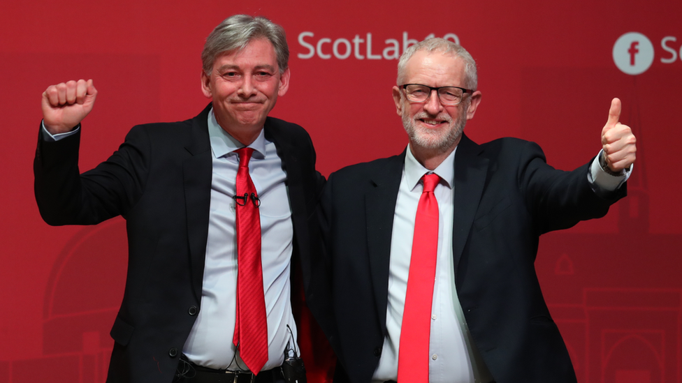 Scottish Labour leader Richard Leonard with Jeremy Corbyn after making his keynote address at the Scottish Labour's Annual Conference in Caird Hall, Dundee.