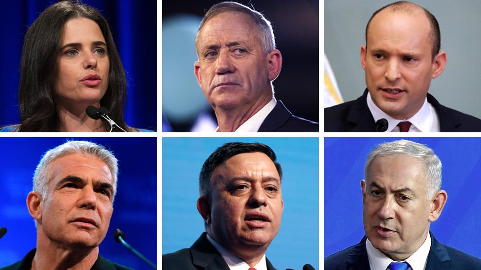 Clockwise from left to right: Ayelet Shaked, Benny Gantz, Naftali Bennett, Benjamin Netanyahu, Avi Gabbay, Yair Lapid