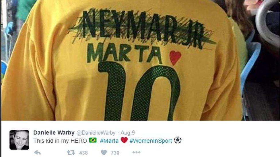 Screengrab of a tweet by Danielle Warby showing a boy wearing a Neymar replica jersey with the name crossed out and that of Marta drawn on