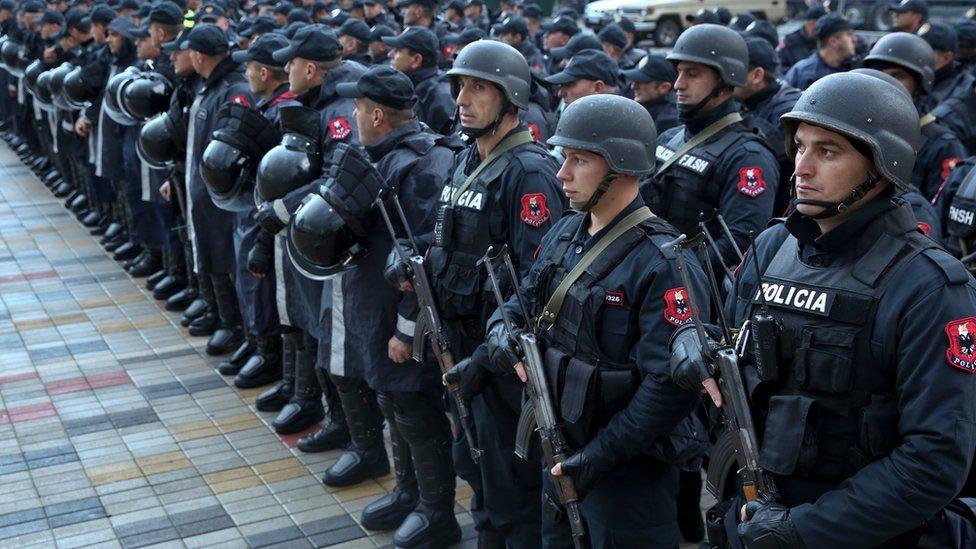 Albanian Police forces line up in front of Elbasan Arena stadium