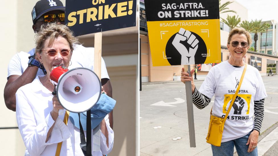 Actress Annette Bening joins members and supporters of SAG-AFTRA and WGA on the picket line at Fox Studios on August 08, 2023 in Los Angeles, California