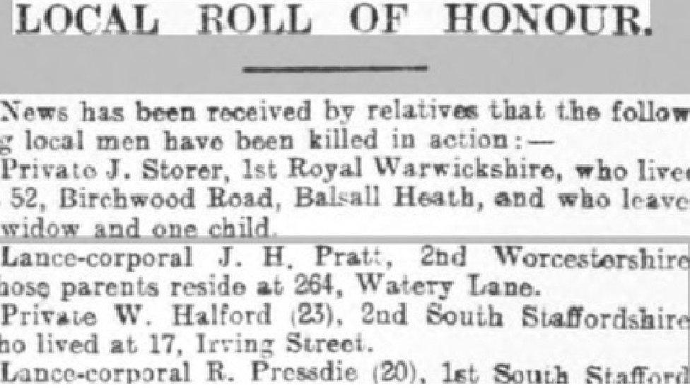 A newspaper cutting detailing names of the soldiers