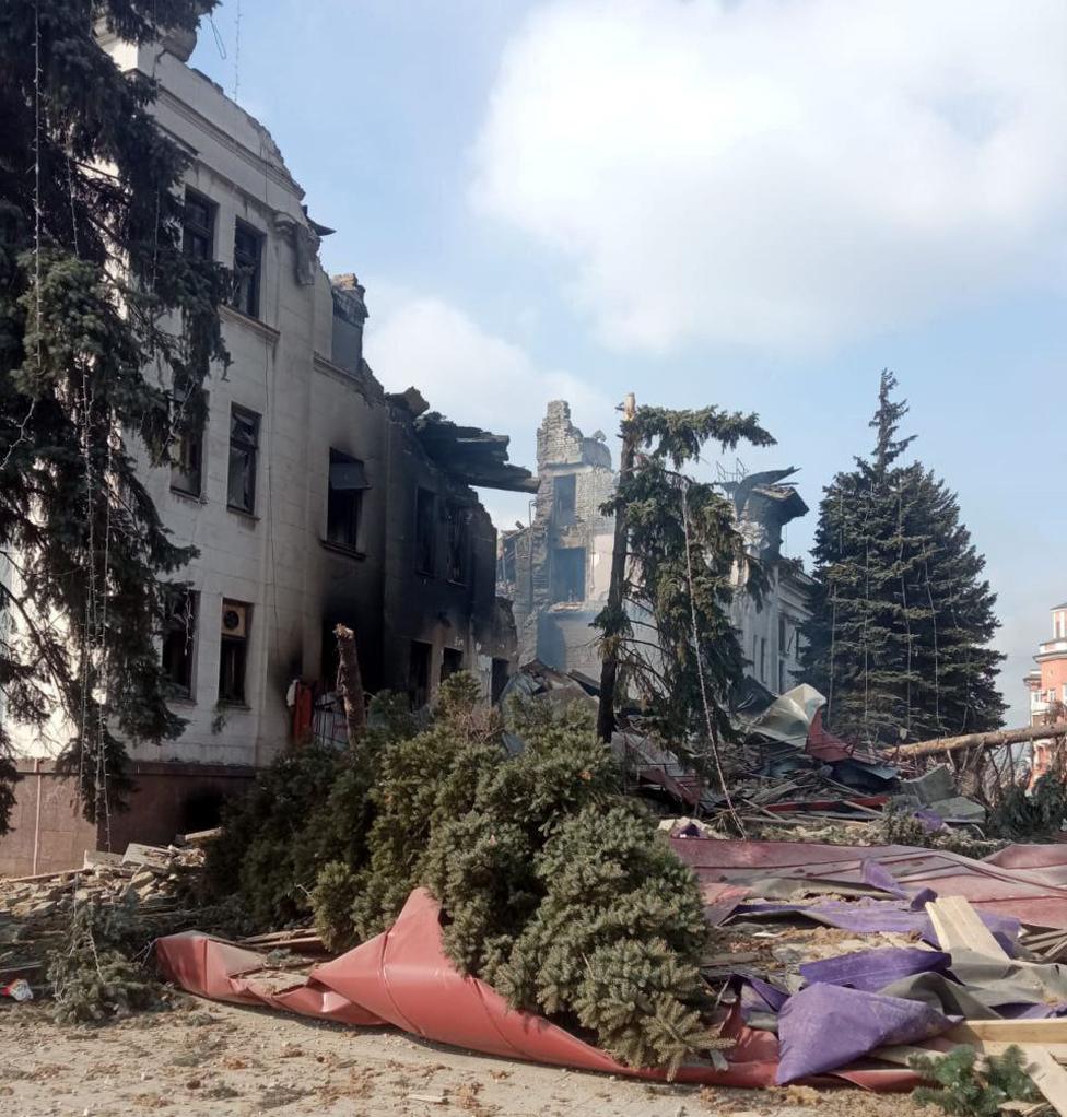 A view of a destroyed theatre, which was used as a shelter by civilians, after Russian bombardment in Mariupol, Ukraine on 18 March 2022.