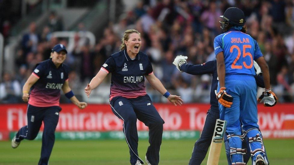 Anya Shrubsole of England celebrates after taking the wicket of Jhulan Goswami of India during the ICC Women"s World Cup 2017 Final between England and India at Lord"s Cricket Ground on July 23, 2017 in London, England