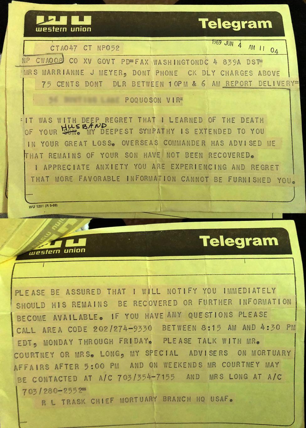 Telegraph to Jane Goodson from the USAF about death of her husband