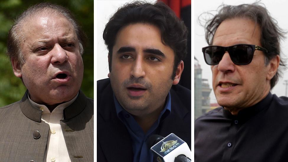 A composite image of Nawaz Sharif, Bilawal Bhutto Zardari and Imran Khan