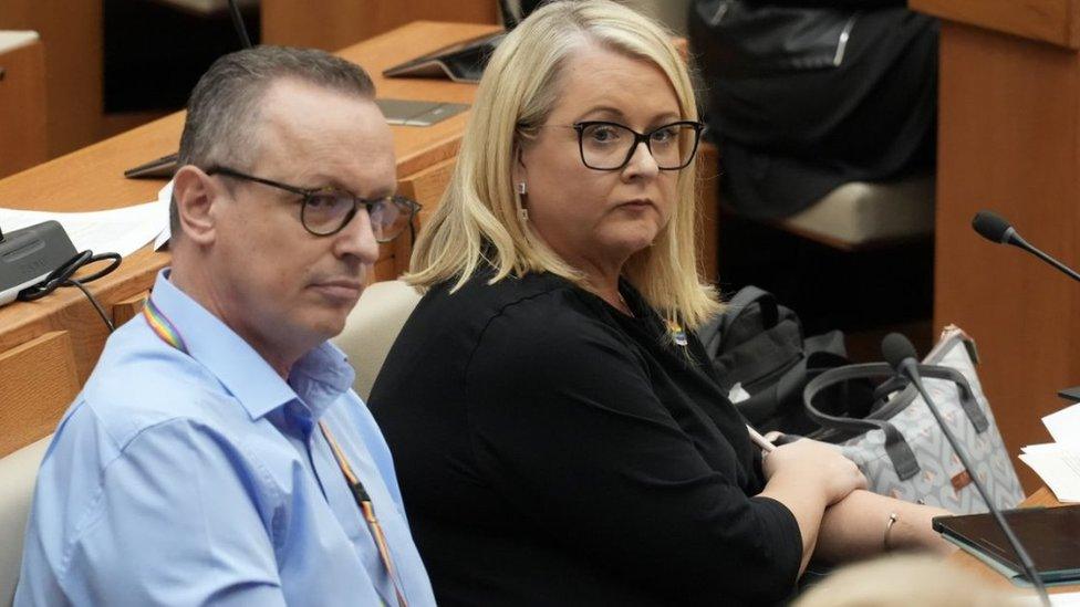 Chief Executive Stuart Richardson and his deputy Cath Byford sitting together in a council chamber